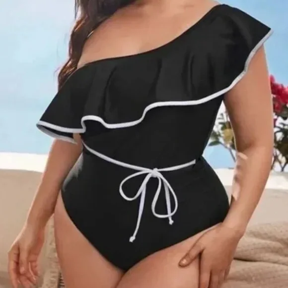 SHEIN Curve Black White Ruffle One Piece Plus Size Sexy Modest Slimming NWOT - Picture 1 of 8